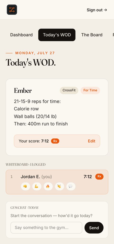 The branded member app — today's WOD, one-tap score logging, and the live whiteboard