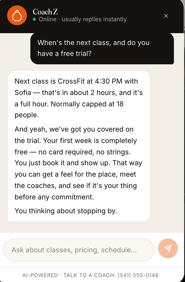 The AI front desk answering a prospect with real class times and a free-trial offer