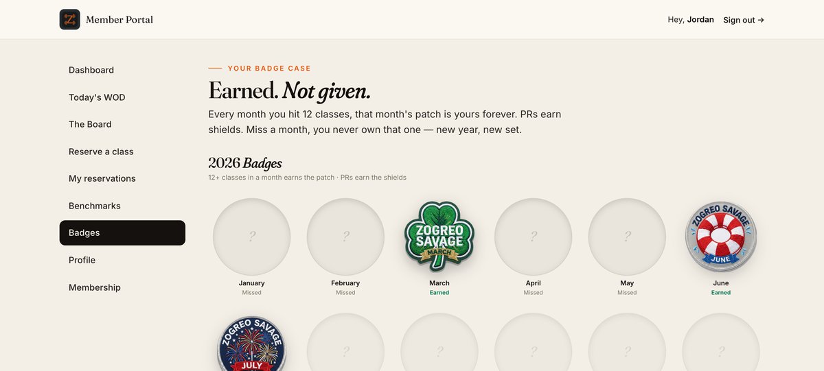 Member badge case — monthly patches and PR shields, earned not given