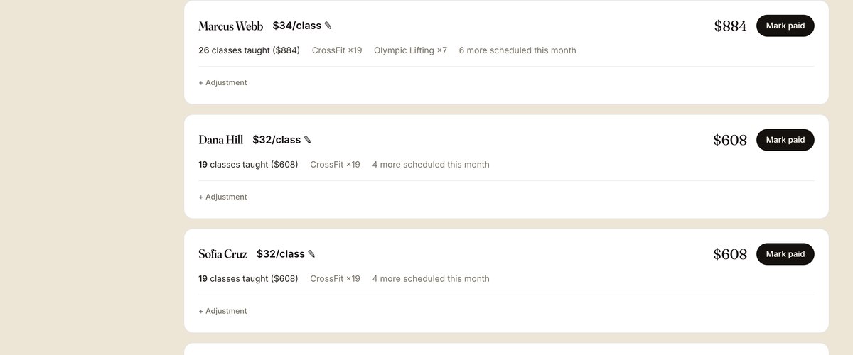 Coach Pay — classes taught times rate, tallied per coach each month