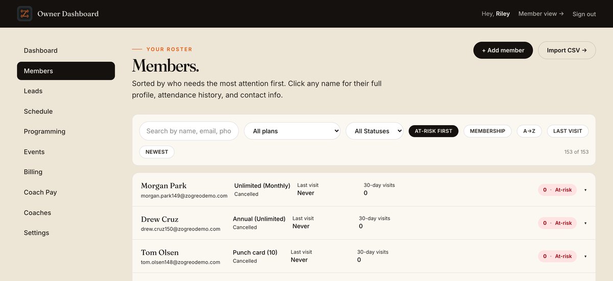 Members roster sorted at-risk first, each with a health score and at-risk flag